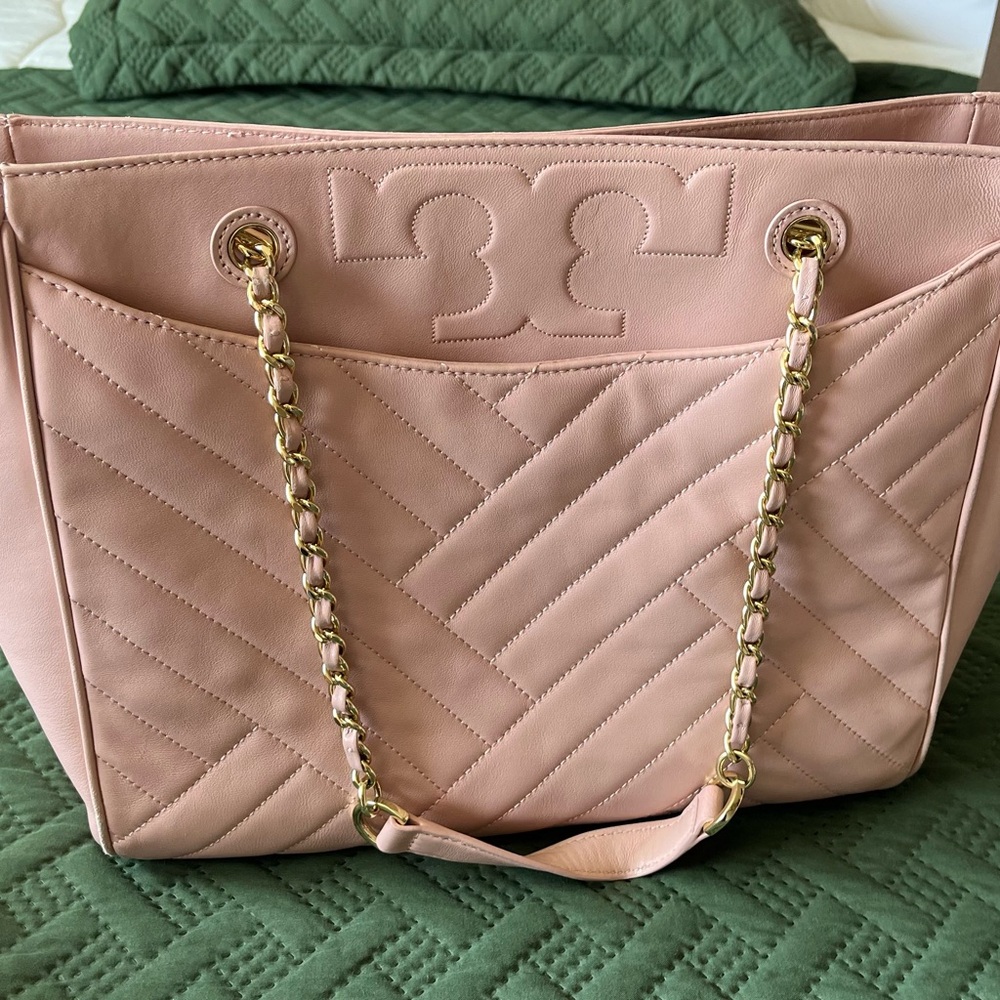 Tory Burch Pink Quilted Tote with Gold Chain